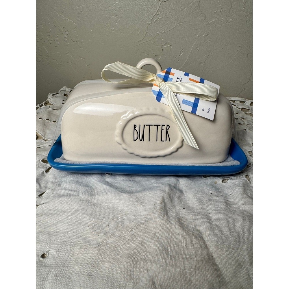 Rae Dunn BUTTER dish cream color top blue bottom tray
